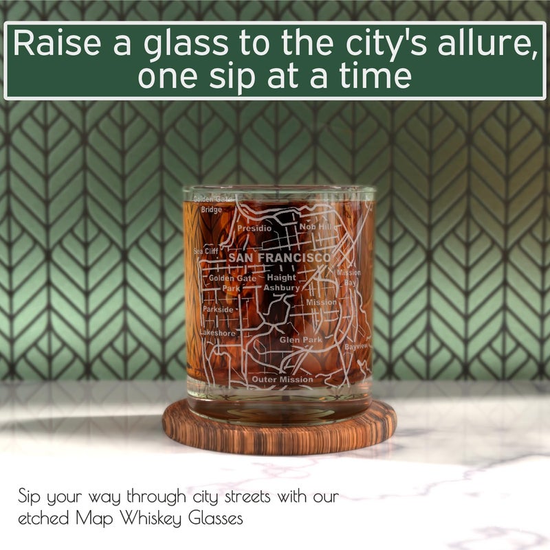 Greenline Goods Whiskey Glasses - 10 Oz Tumbler Gift Set for San Francisco lovers, Etched with San Francisco Map | Old Fashioned Rocks Glass - Set of 2 - Image 2